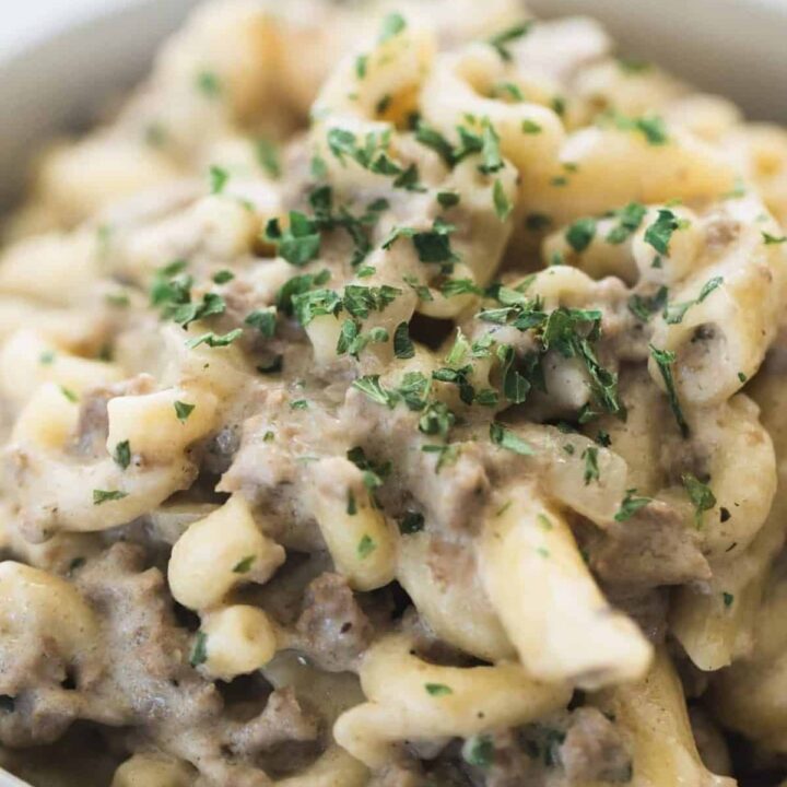 Serving of Beef Stroganoff sits in a white bowl and is sprinkled with parsley flakes.