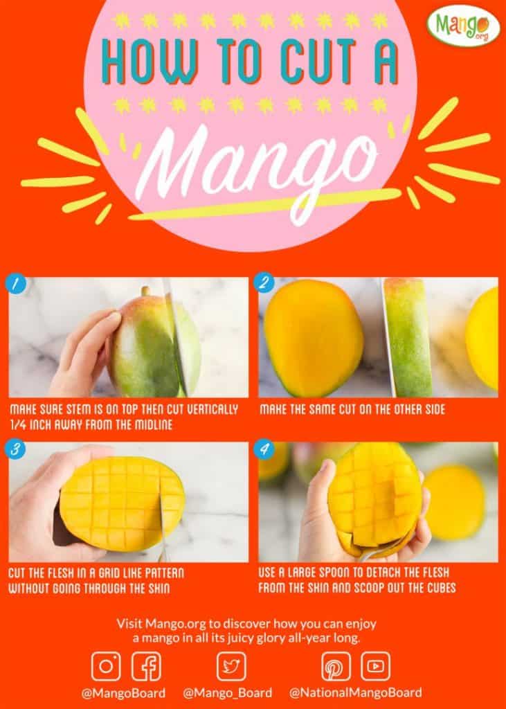Instructions for how to cut mango are displayed with four steps listed. 