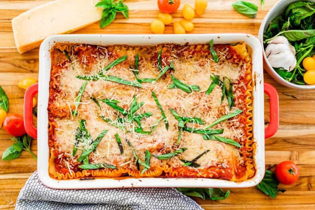 Beautiful casserole dish of lasagna, baked and ready to enjoy.