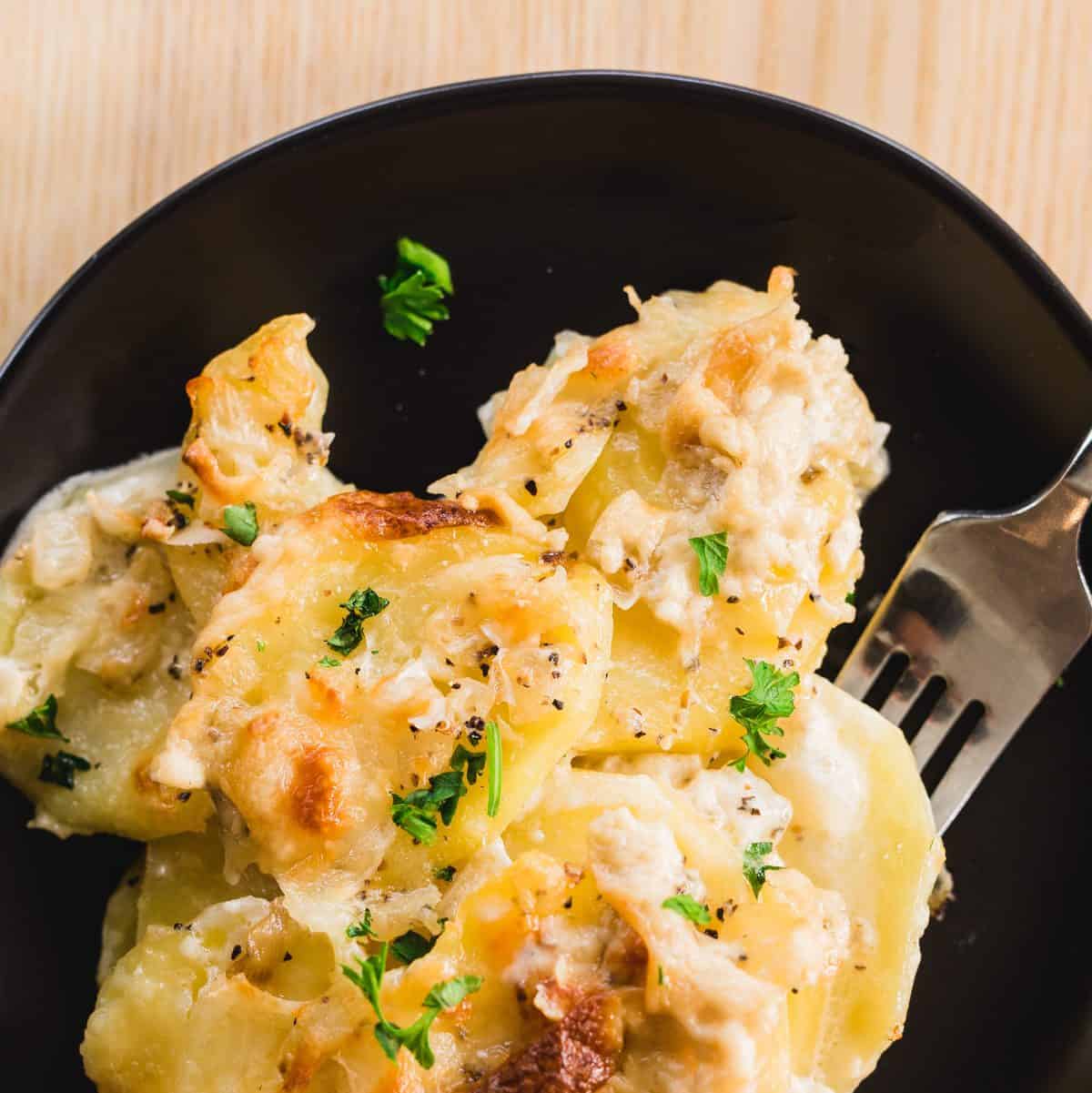 A serving of potatoes Au Gratin sits on a plate. Hot, ready to eat.