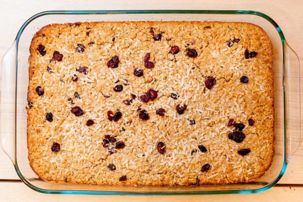 Baked Oatmeal is golden brown and cooling in a 13x9 dish.