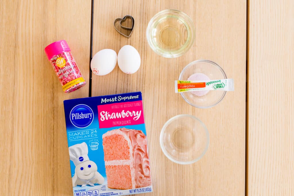 Ingredients for Strawberry Lemonade Cookies sit on the counter top.