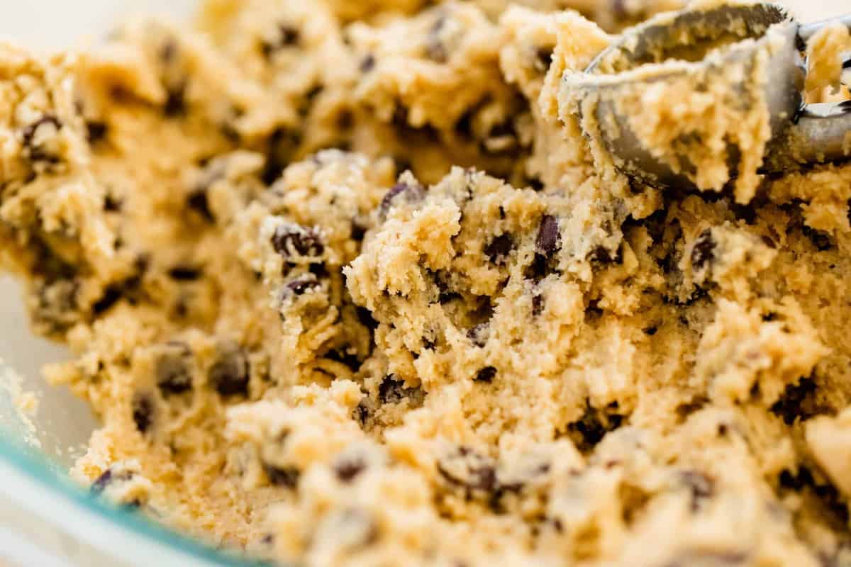 A tender cookie dough mixture is ready to scoop out directly on to a baking sheet.
