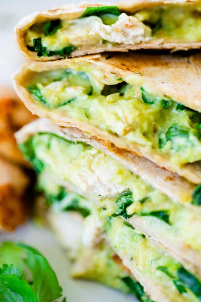Sliced and stacked this Green Machine Quesadilla is ready to eat.