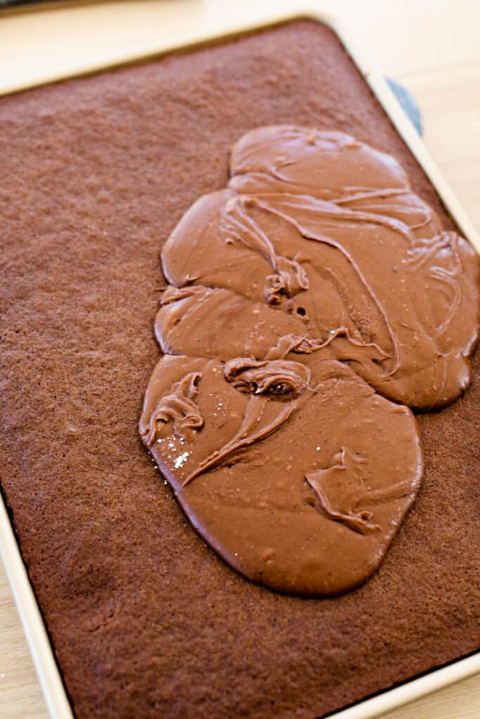 Chocolate frosting sits poured in a puddle on top of chocolate cake waiting to be spread out.