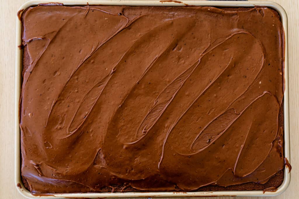 Fresh chocolate frosting is spread over a moist chocolate cake, waiting to be sliced.