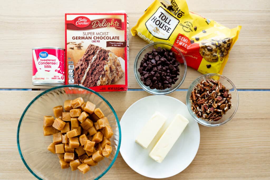 Ingredients for German Chocolate Caramel Brownies sits on a counter top.