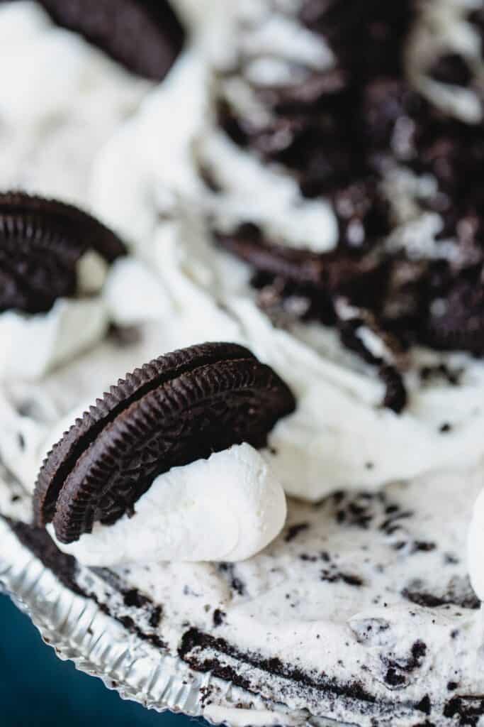A decorated Oreo pie sits ready to be served.