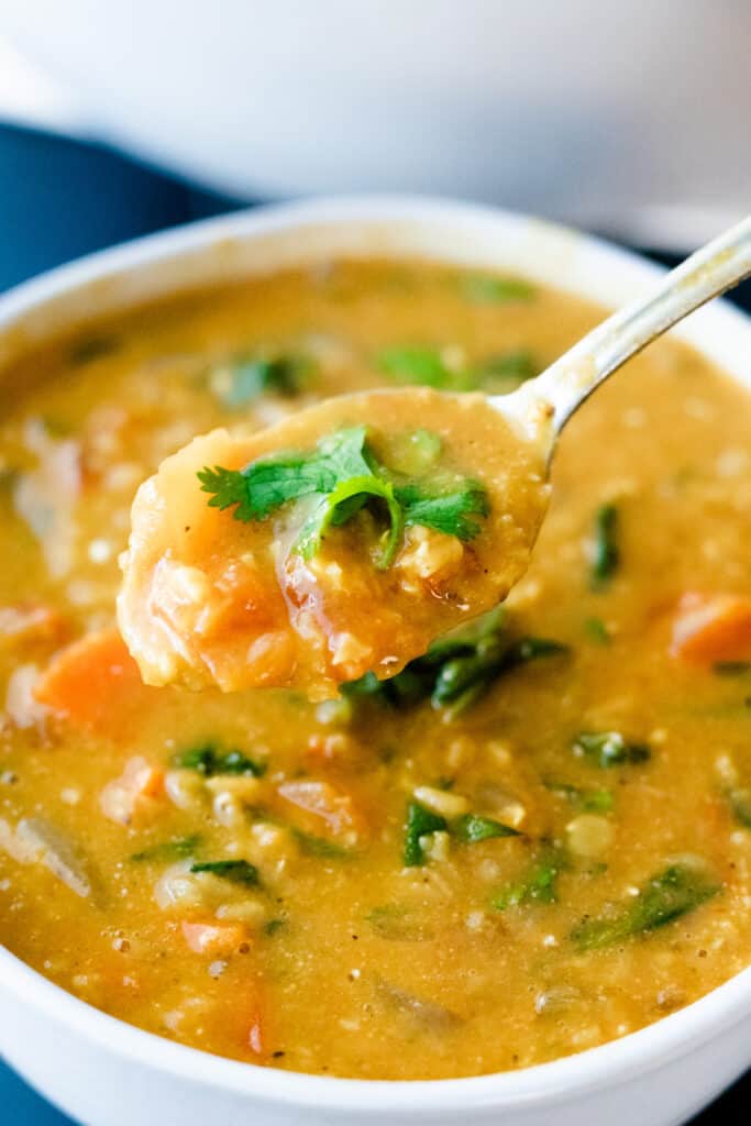 A bowl of lentil coconut soup sits in a bowl. A spoonful is held over the top. Ready to eat.