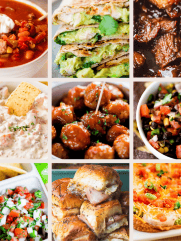 9 images of Super Bowl worthy food are presented in a collage.
