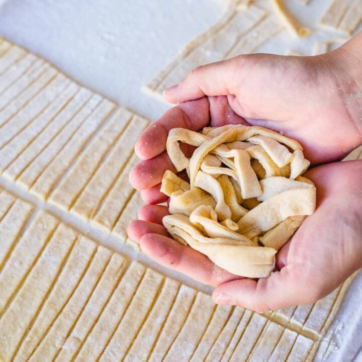 Ashley holds fresh cut egg noodles in the palms of her hands.