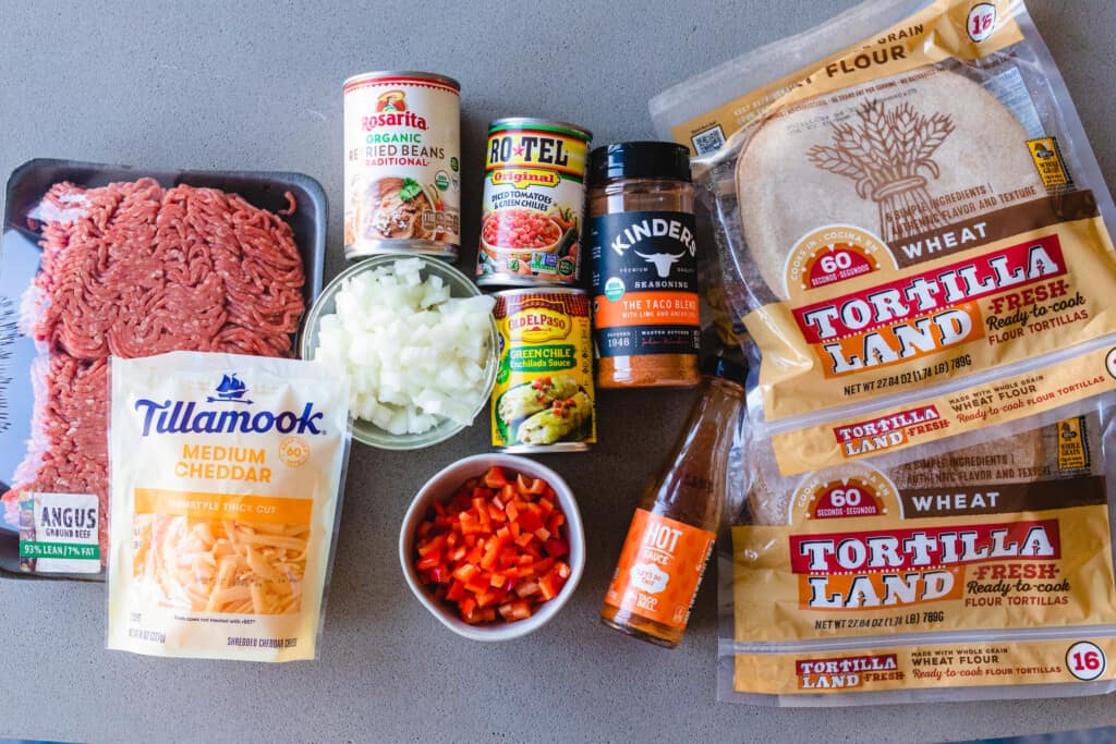 Ingredients for freezer burritos sit on a counter top ready to prepare the recipe.