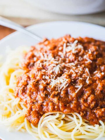 Spaghetti noodles covered with a meaty and robust tomato sauce sit on a white plate with silver fork.