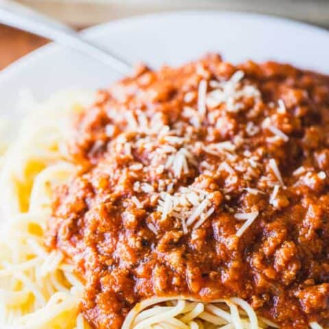 Spaghetti noodles covered with a meaty and robust tomato sauce sit on a white plate with silver fork.