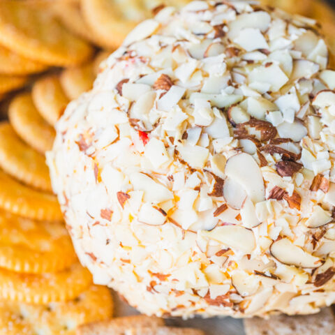 Holiday Cheese ball rolled in sliced almonds is surrounded by an assortment of crackers.