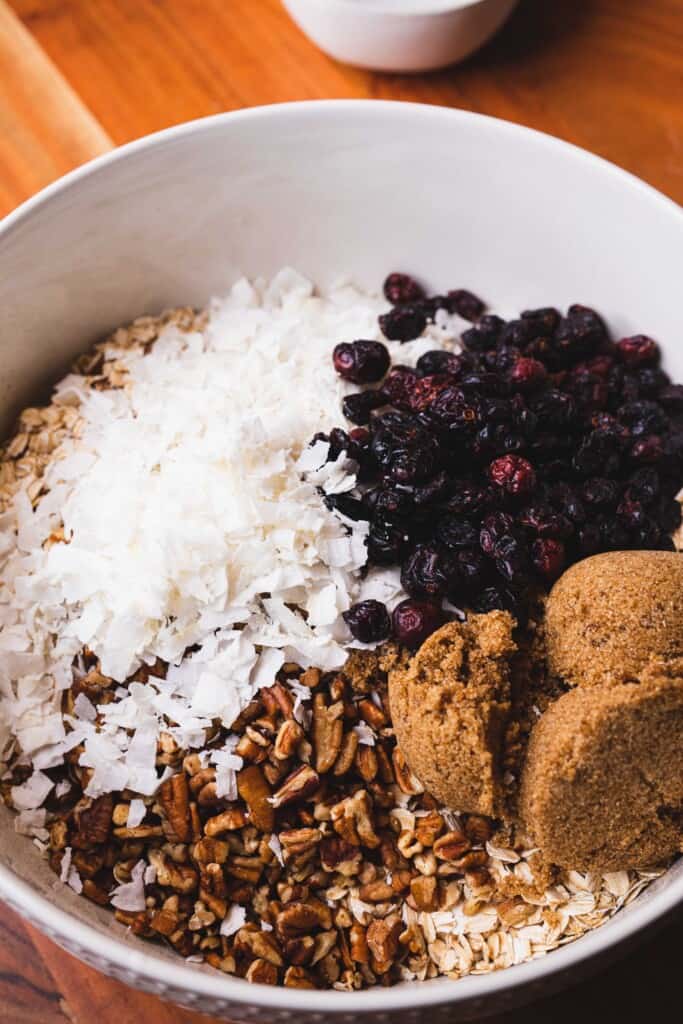 Dry ingredients like coconut, craisins, pecans, brown sugar sit on top of rolled oats in a white ceramic bowl.
