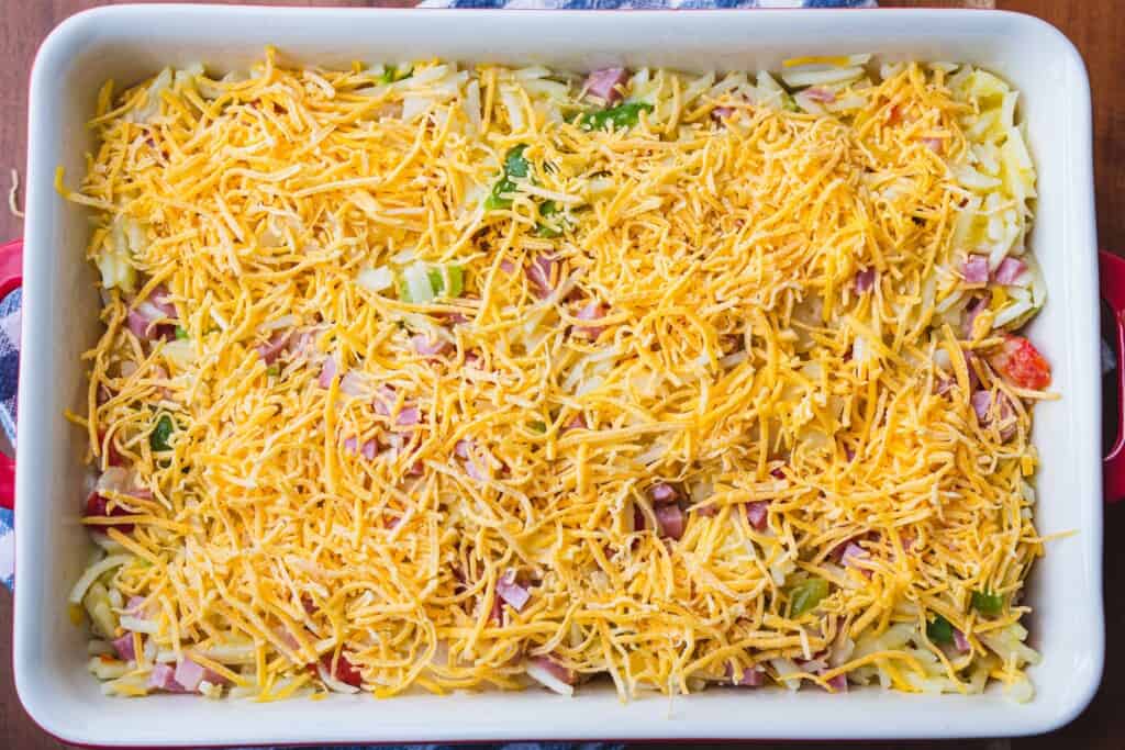 Shredded cheddar cheese is sprinkled across the baking dish as a final layer.