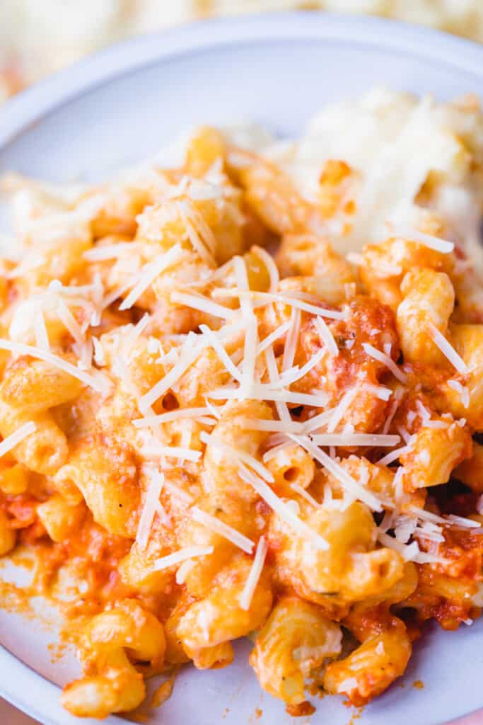 Curly pasta noodles are coated in a red and white sauce and topped with parmesan.