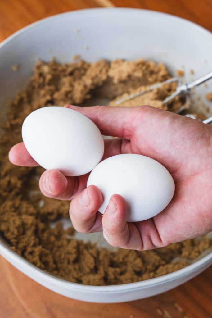 Ashley holds two eggs over the bowl of other wet ingredients.