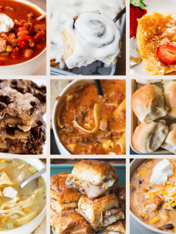 9 favorite fall recipes make up a grid showing off soups, rolls, and tasty desserts.