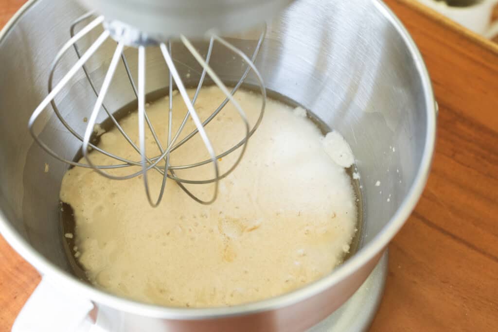 Yeast foaming and bubbling in large stand mixer.