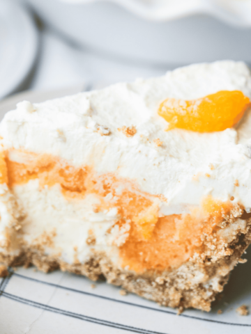 Orange sherbet and vanilla ice-cream fill graham cracker crust to make up a slice of Orange Creamsicle Pie.