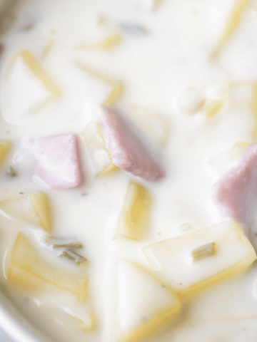 Tender potatoes and chunks of savory ham sit in a creamy white soup broth.