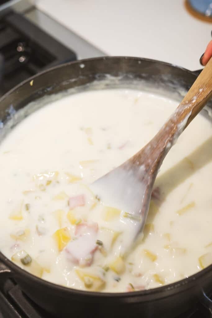 Wooden spoon stirs pot full of soup.