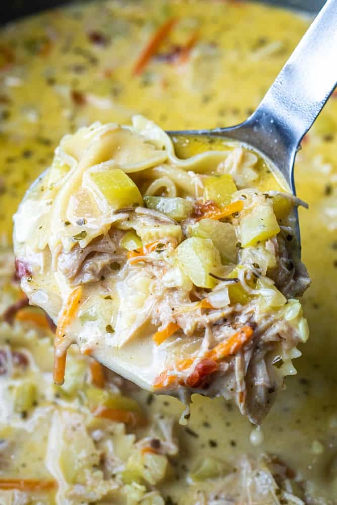 Ladle full of soup is held over pot.