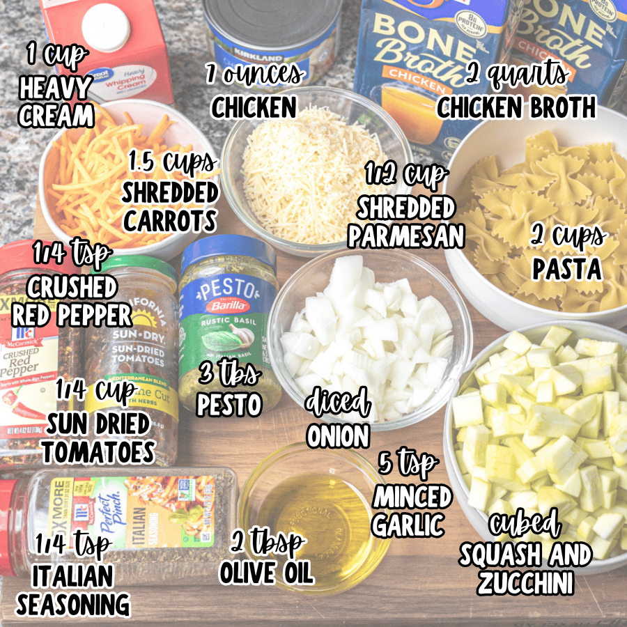 Ingredients for White Lasagna soup sit on counter with amounts written out on top.